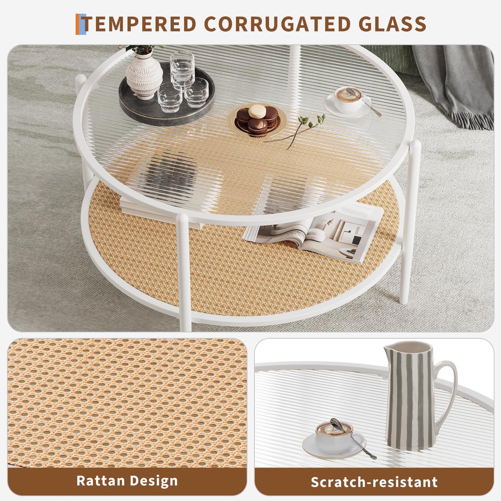 Table basse Garvee en rotin de 76 cm (30 po) avec structure en métal et plateau en verre résistant à la chaleur, idéale pour le salon et le bureau, blanche, 76 cm (30 po)