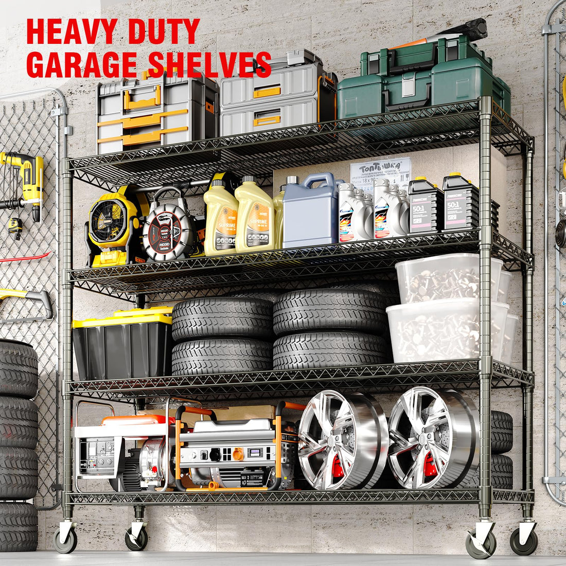 Garvee Rayonnage de Garage sur Roulettes, Charge Lourde jusqu'à 1 200 kg, 4 Tablettes Métalliques, 182 × 45 × 150 cm, pour Atelier et Entrepôt