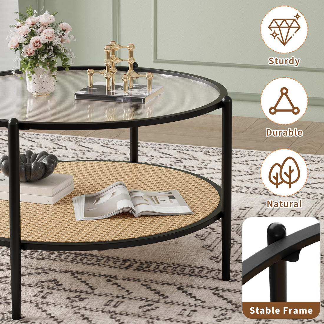Garvee table basse 76 cm en rotin à 2 niveaux, structure en métal, plateau en verre effet vague, noire, pour le salon et le bureau, 76 cm