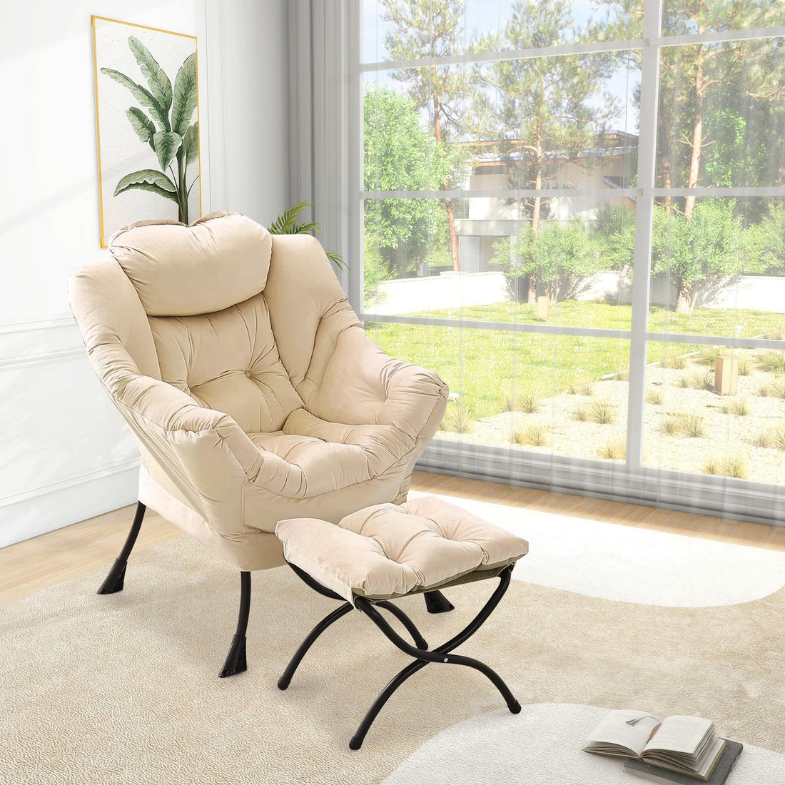 Fauteuil relax Garvee avec repose-pieds, ergonomique et robuste, revêtement en imitation fourrure de lapin, couleur champagne, idéal pour le salon ou le bureau.