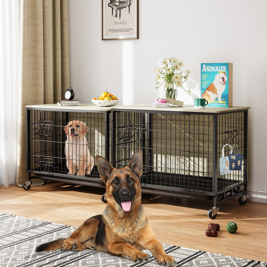 Cage pour chien Garvee 69 cm en bois avec roulettes et double porte, pour chiens de petite et moyenne taille, intérieur gris rustique