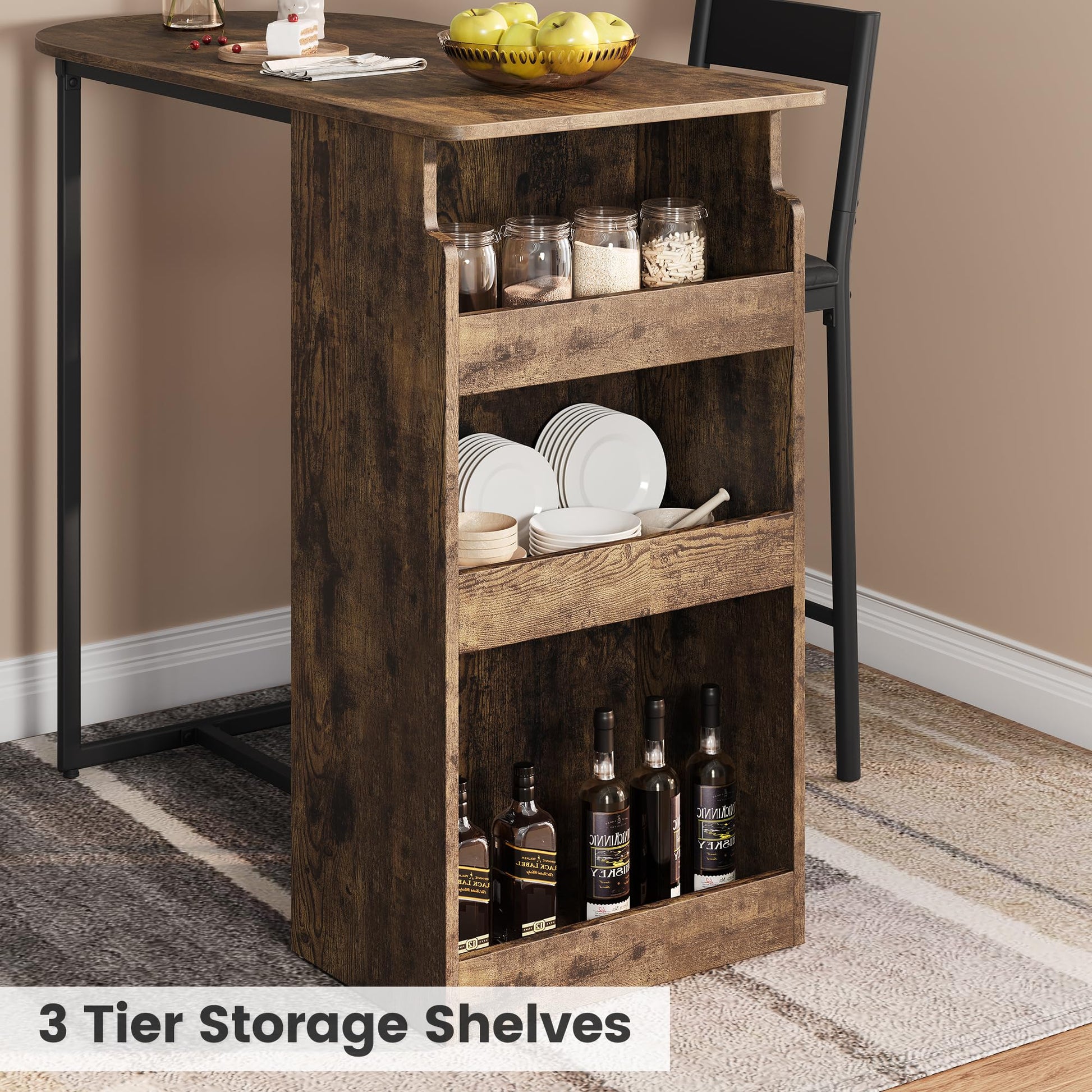 Ensemble table et chaises de bar Garvee avec plateau semi-circulaire rétro, étagère à 3 niveaux, tabourets recouverts de cuir pour la cuisine et le bureau, compact et moderne