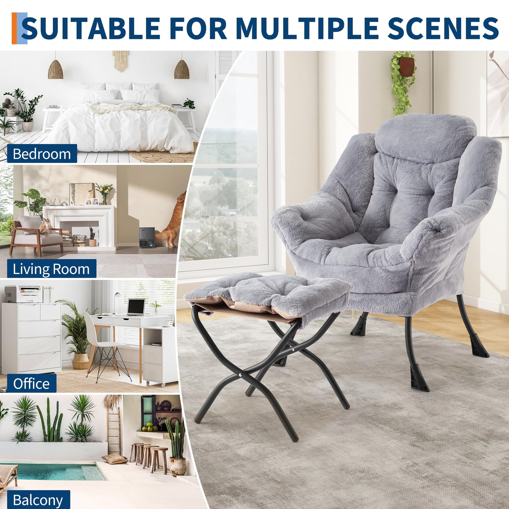 Fauteuil relax Garvee avec repose-pieds, ergonomique et robuste, revêtement en imitation fourrure de lapin, gris clair, pour salon et bureau.