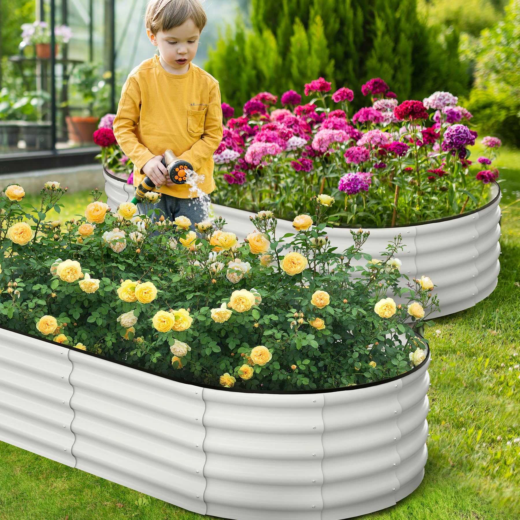 Garvee Lot de 2 Jardinières Surélevées Ovales 183 × 91 × 61 cm, Acier Galvanisé Blanc, Bacs Potagers Anticorrosion avec Fond Ouvert, Montage Sans Outil, Jardin et Terrasse