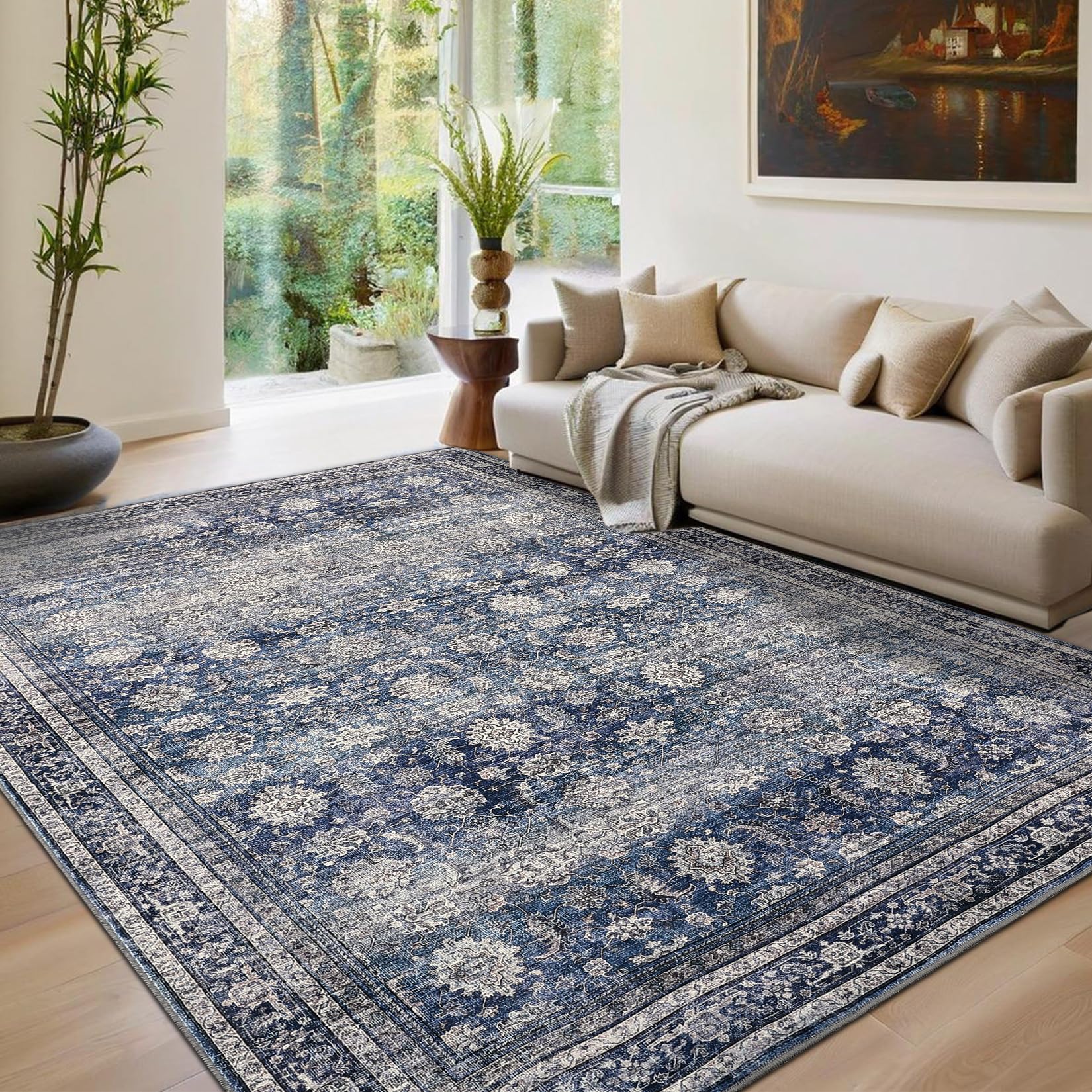 Tapis vintage lavable Garvee, style oriental à poils courts, antidérapant, antitache, doux, idéal pour le salon, la chambre et la cuisine. Disponible en plusieurs tailles et couleurs.