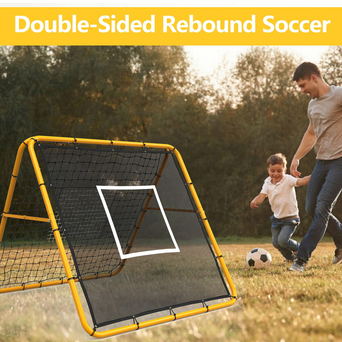 Garvee Filet de rebond de football 120 x 120 cm, angle réglable, double face, cadre en acier, filet en PE tous temps