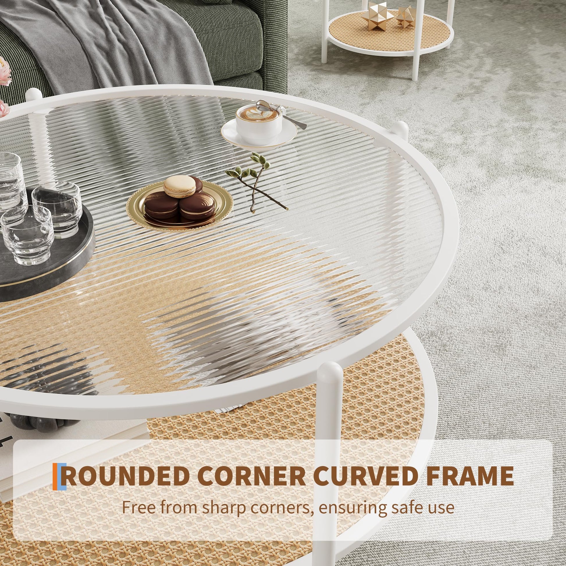 Table basse Garvee en rotin de 76 cm (30 po) avec structure en métal et plateau en verre résistant à la chaleur, idéale pour le salon et le bureau, blanche, 76 cm (30 po)