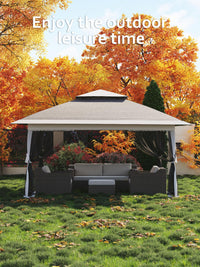 Garvee Tonnelle pliante 396 × 396 cm avec moustiquaire et auvent rétractable One Touch, structure acier robuste, imperméable, protection UV, pour patio et jardin, gris