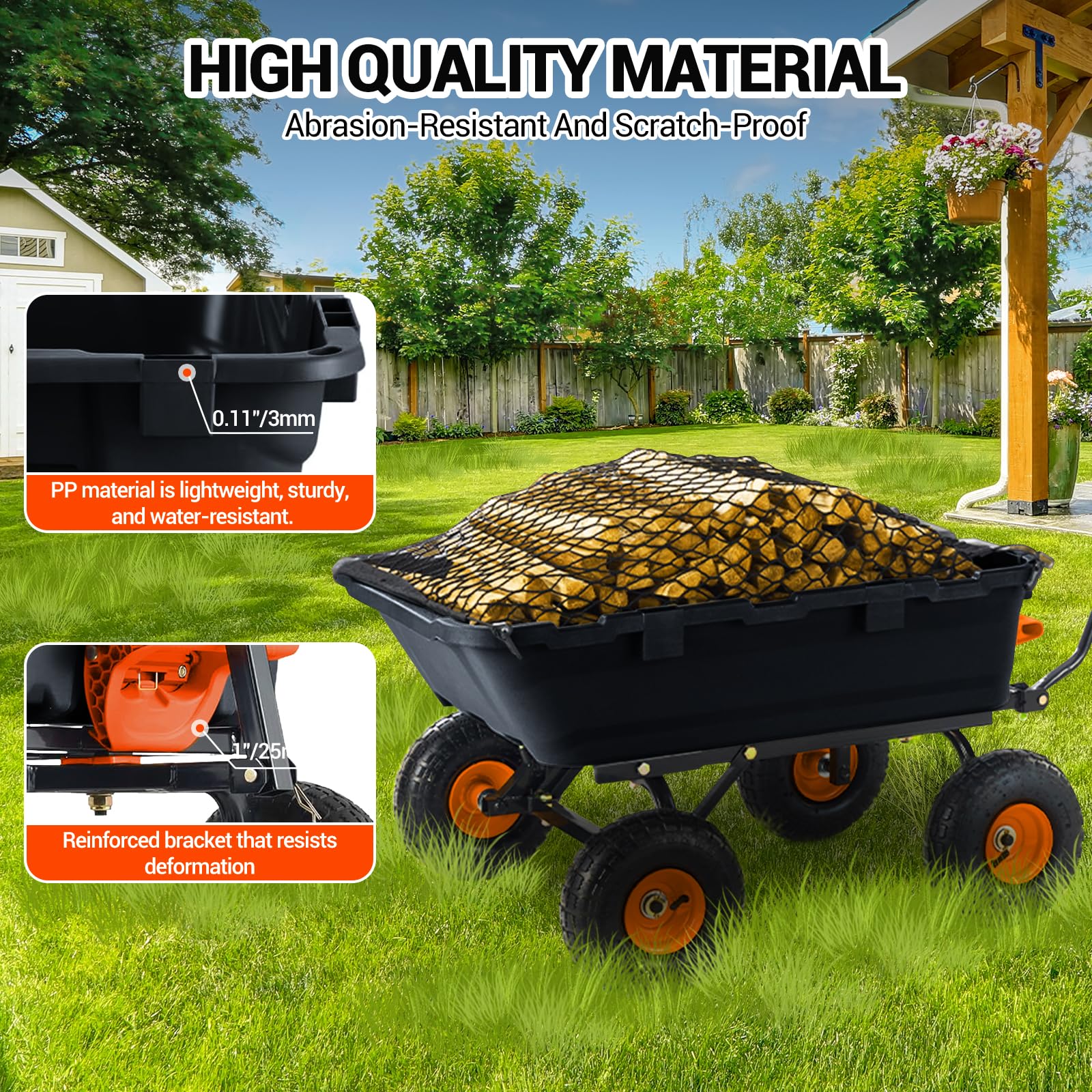 Garvee Chariot-benne de jardin 363 kg, cadre en acier robuste, roues tout-terrain 25,4 cm, benne grillagée pour jardin, ferme et travaux extérieurs