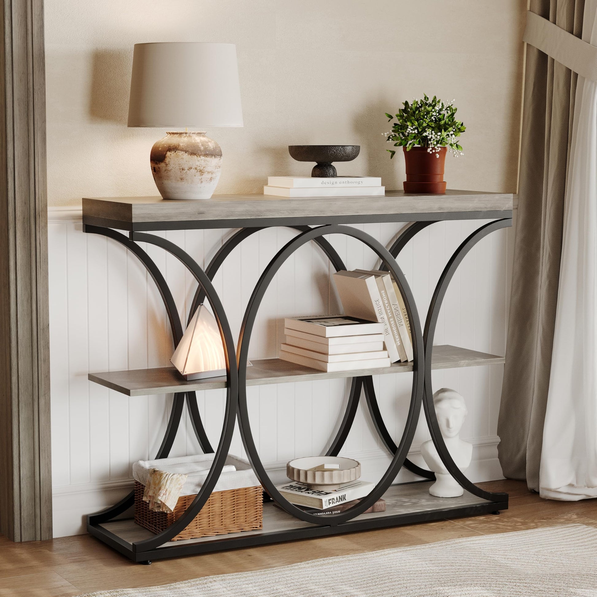 Console Garvee 99 cm (39 po), style industriel, rangement à 3 niveaux, structure en métal et bois, robuste et polyvalente, idéale pour l'entrée et le salon, 99 cm (39 po), marron