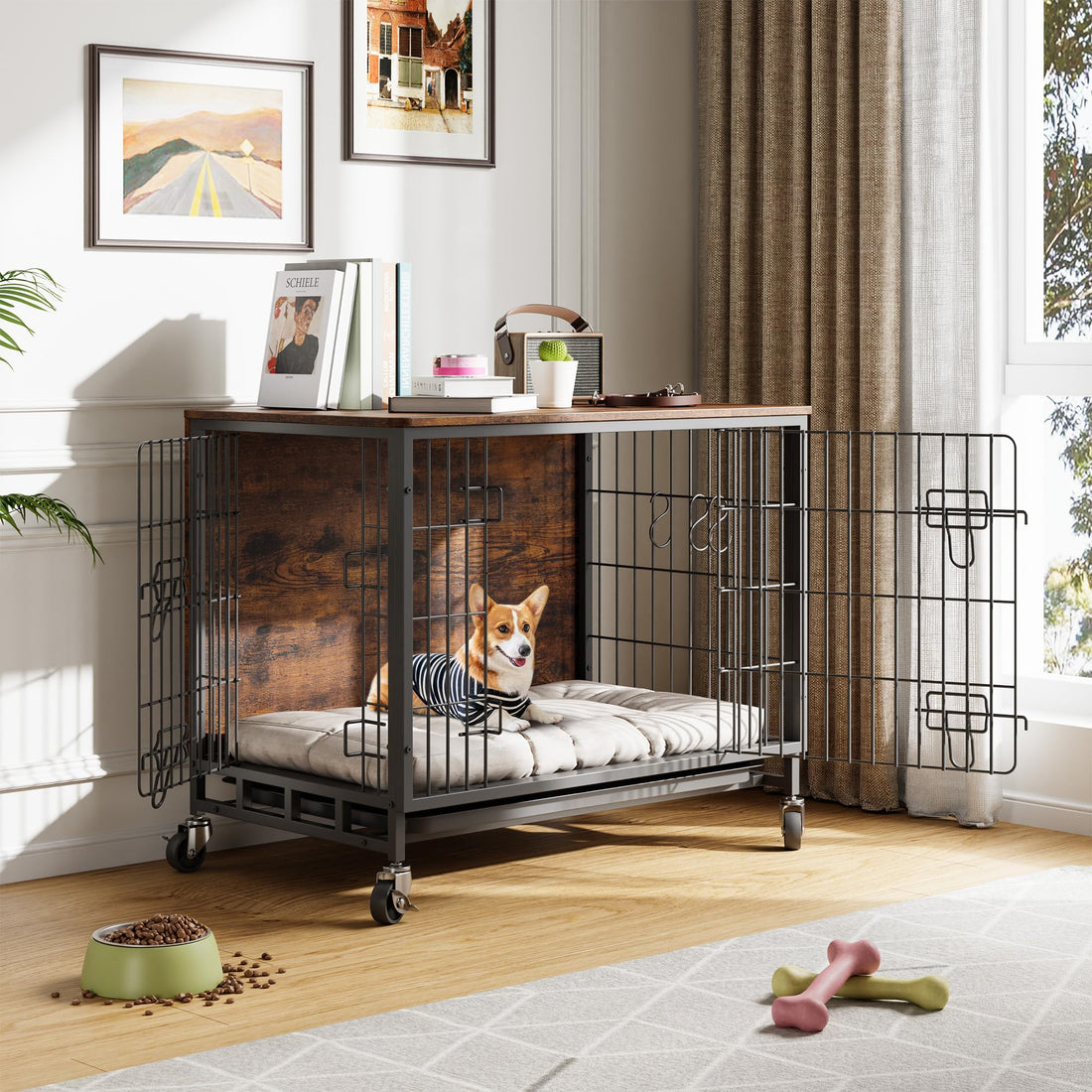 Garvee Meuble de cage pour chien 98 cm (38, 6 po) en bois avec roulettes et double porte pour grands chiens d'intérieur, stable, mobile, antidérapant, en bois aggloméré