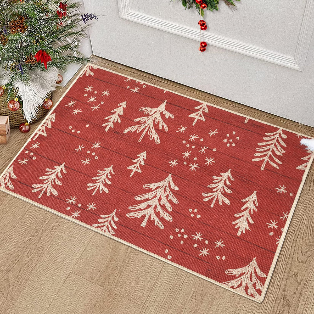 Garvee Dörrmatta Twättbar Jul Mit Halkfri Gummibaksida Für Außen Und Küchen, 40x60 cm, Rot, Julgranar Muster