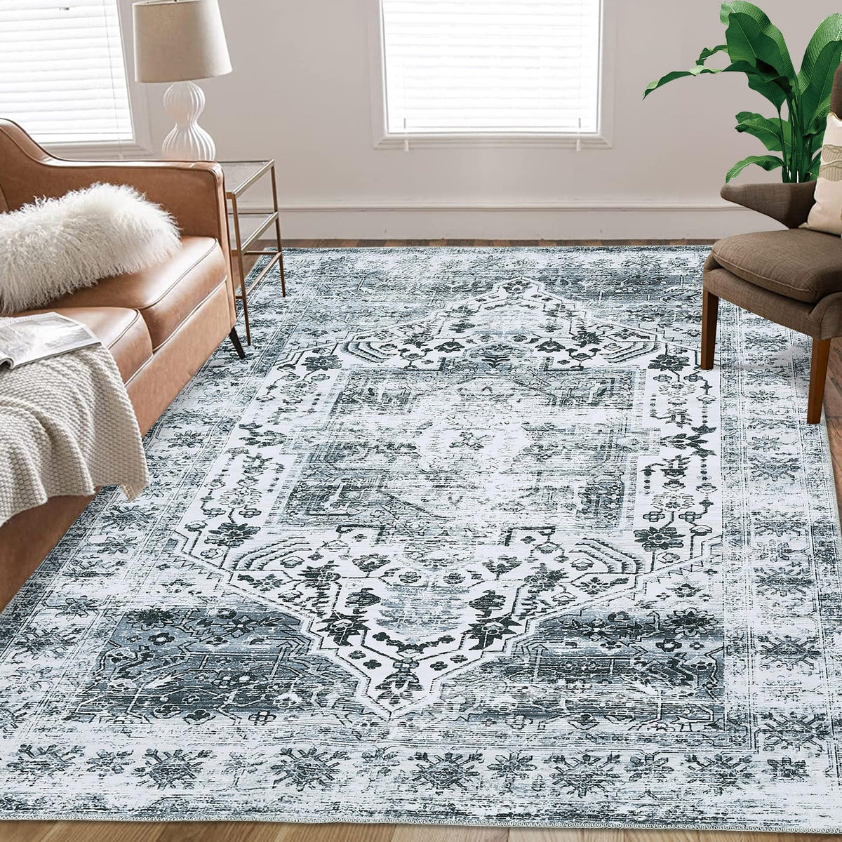 Tapis Garvee lavable en machine 80 x 150 cm, design vintage gris, antidérapant, pour salon ou chambre