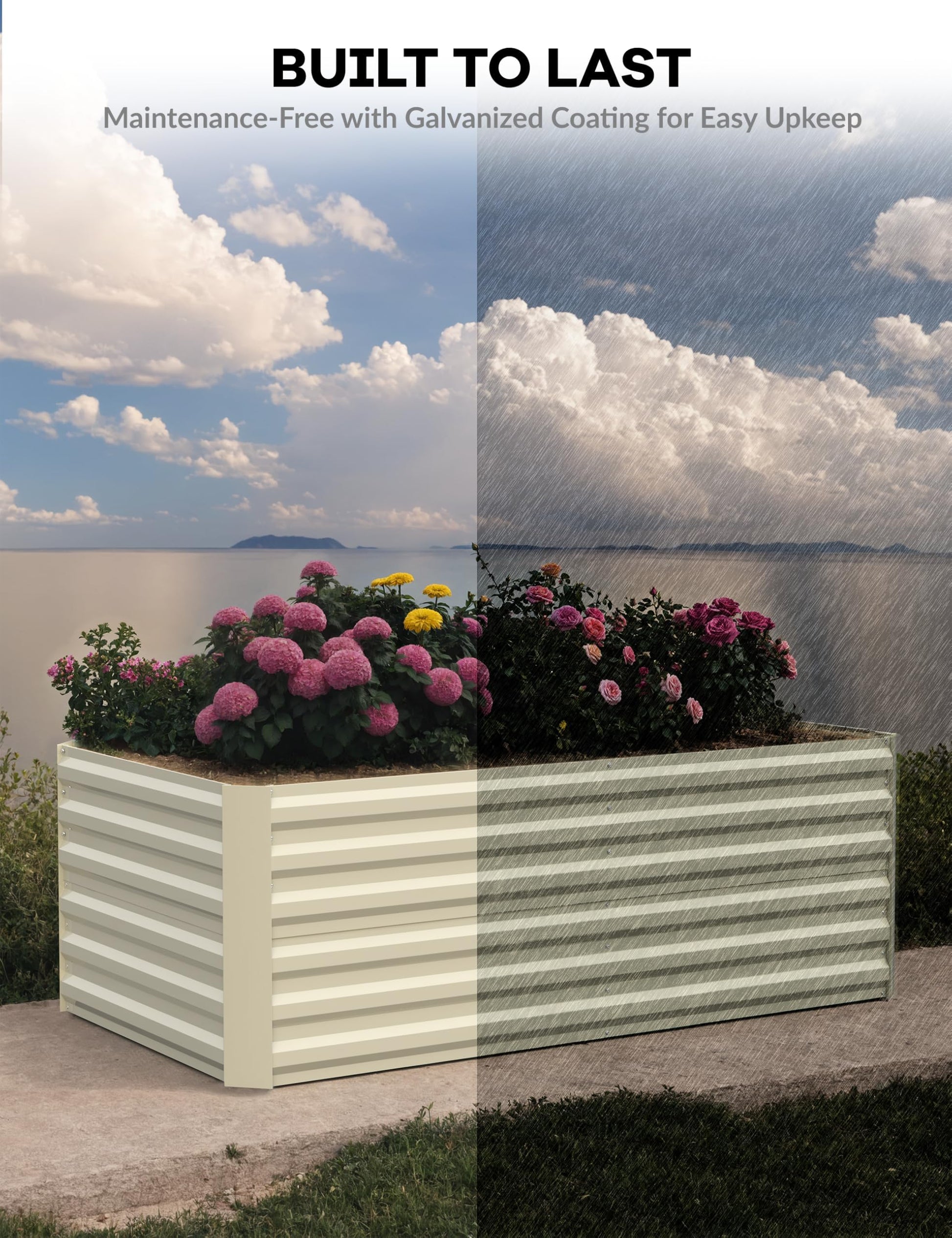 Jardinière surélevée galvanisée Garvee 182 x 91 x 61 cm (6 x 3 x 2 pi), hauteur 61 cm (24 po), en métal durable antirouille, beige, pour fleurs, herbes et légumes de jardin.