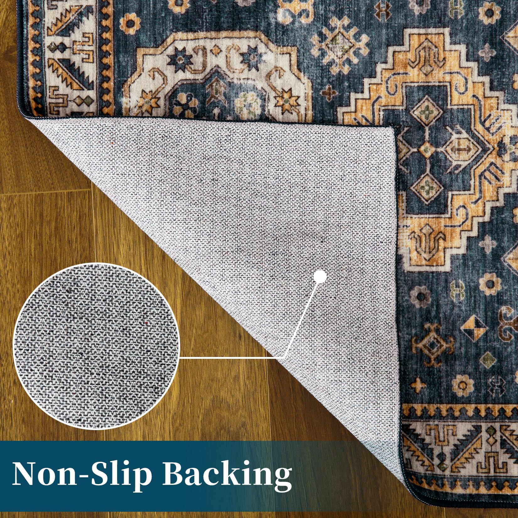 Tapis de salon vintage Garvee, doux, lavable, oriental, traditionnel, bleu marine, 120 x 170 cm