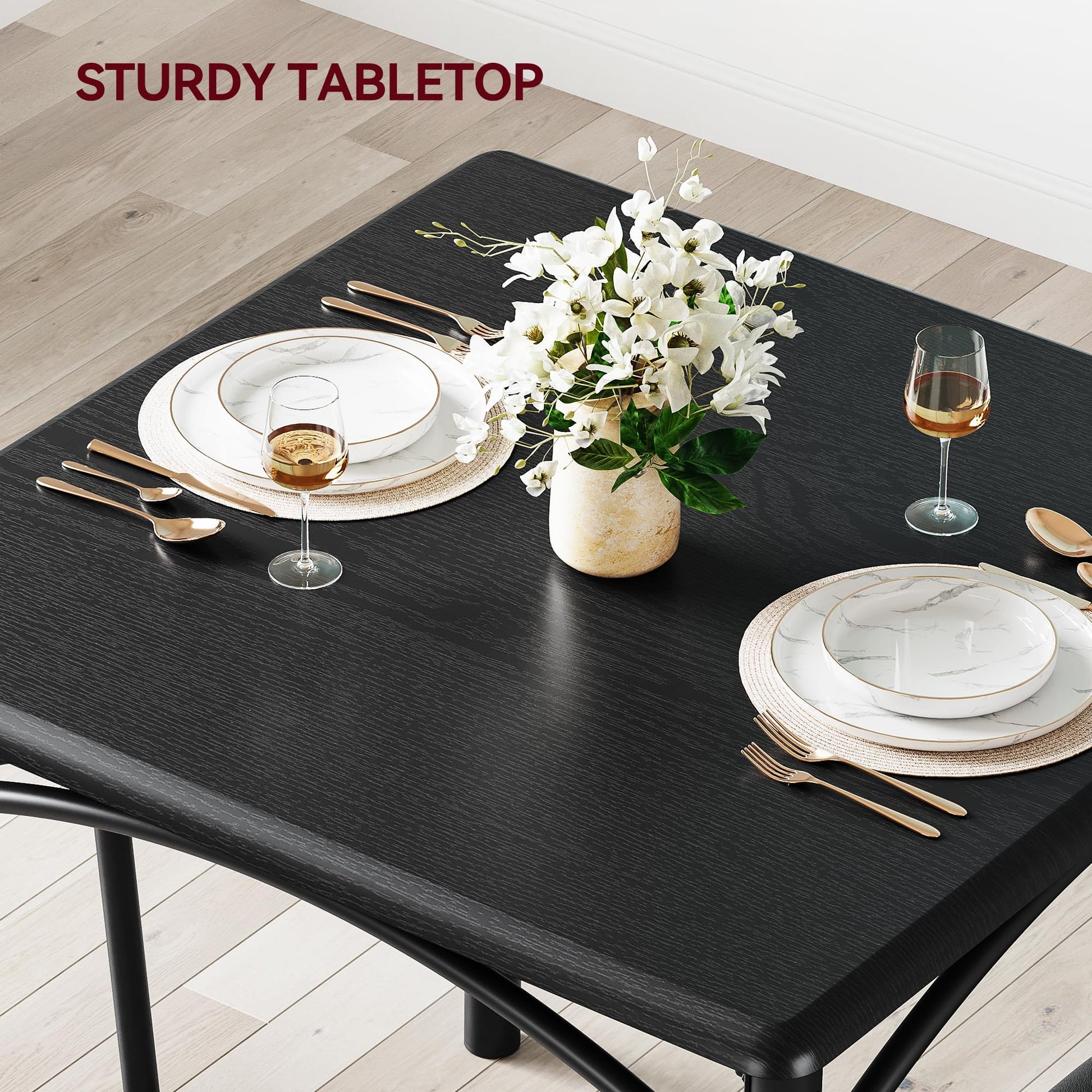 Ensemble de salle à manger Garvee pour 2 personnes avec chaises rembourrées, structure robuste en MDF et acier, noir rustique, gain de place, idéal pour les petites pièces
