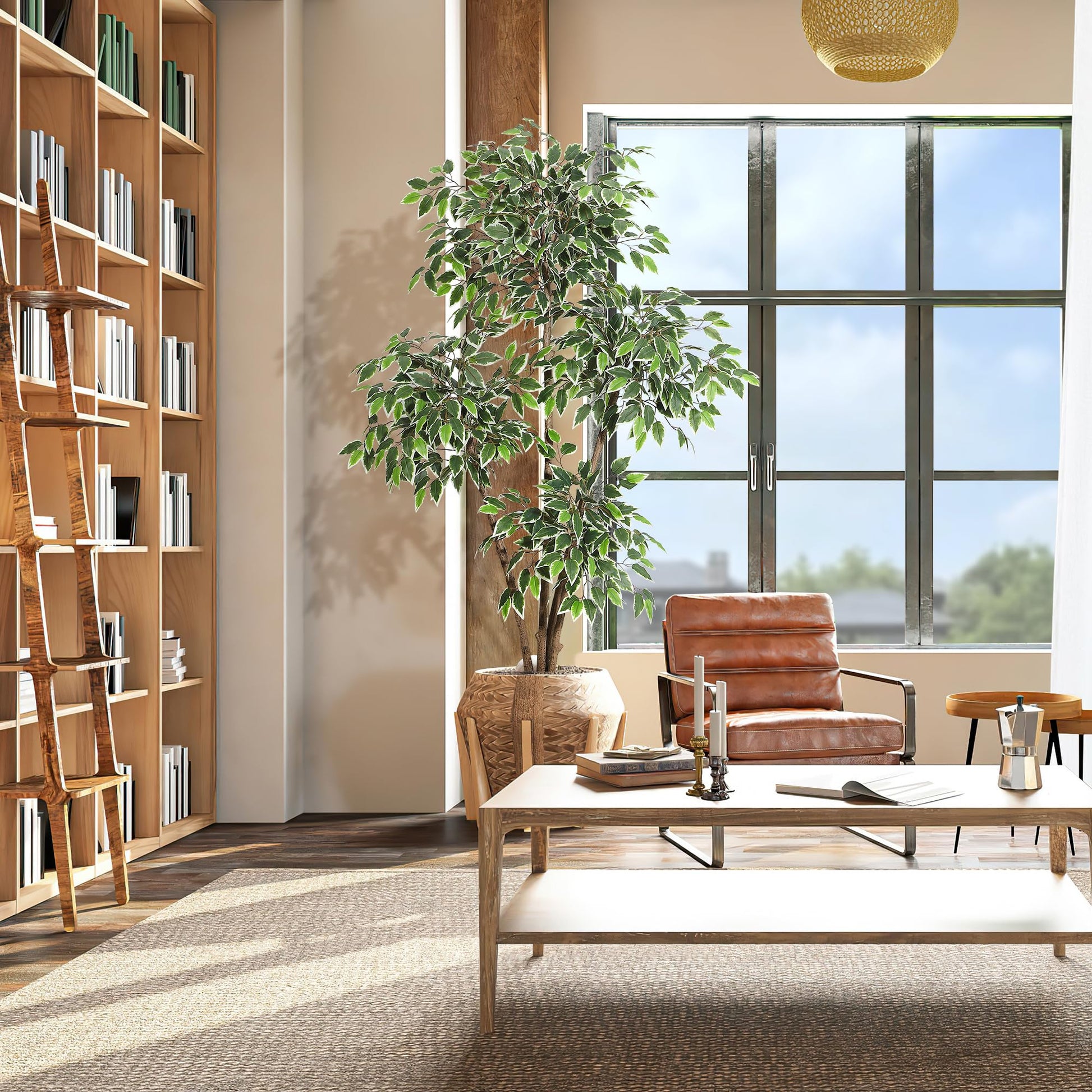 Ficus artificiel Garvee de 1,83 m (6 pi) avec 4 troncs, grand pot blanc pour salon et bureau, 180 cm x 105 cm (70,8 po x 41,3 po).