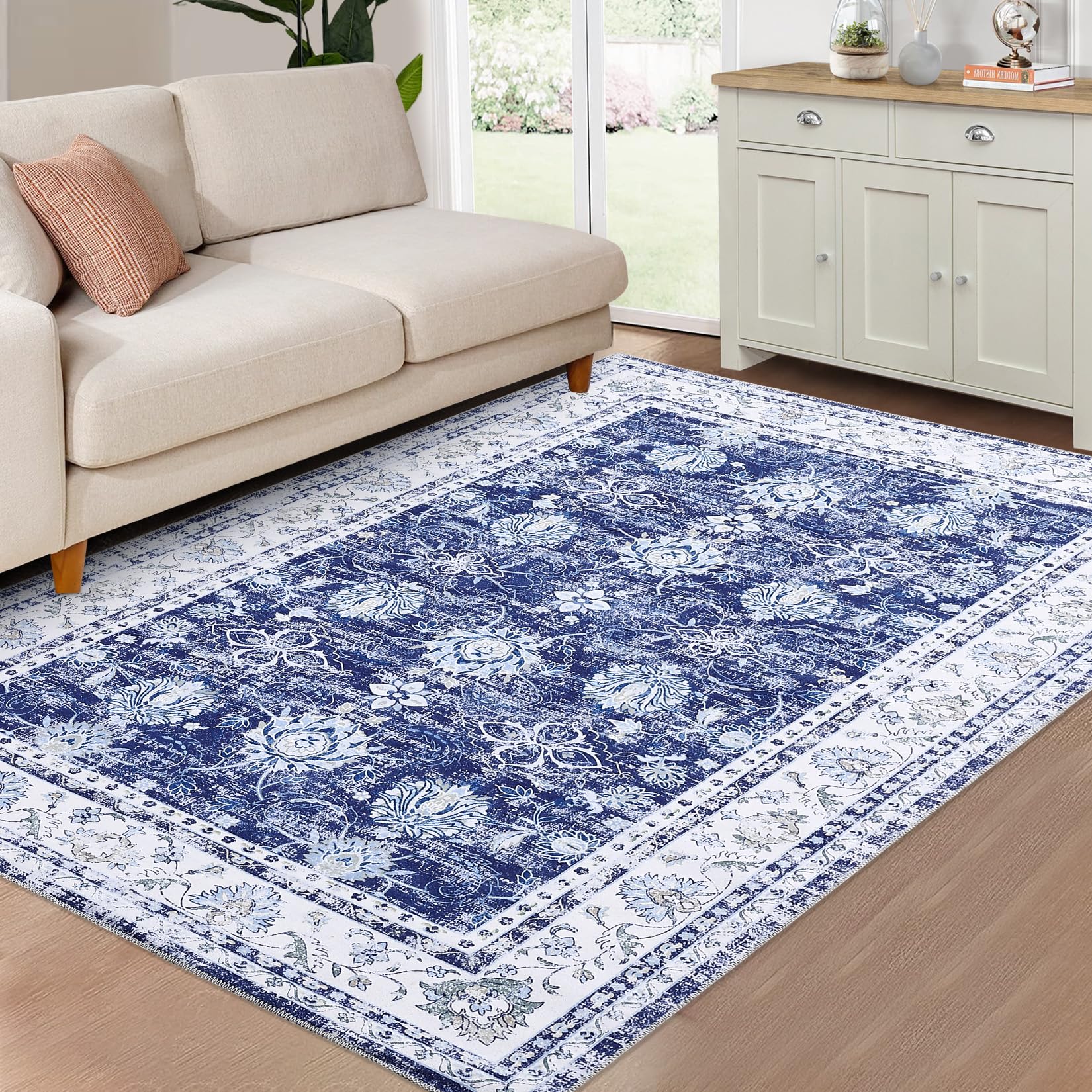 Tapis lavable Garvee 120x170cm antidérapant à poils courts en coton vintage bleu marine pour salon, salle à manger ou bureau