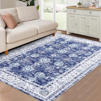 Tapis lavable Garvee 120x170cm antidérapant à poils courts en coton vintage bleu marine pour salon, salle à manger ou bureau