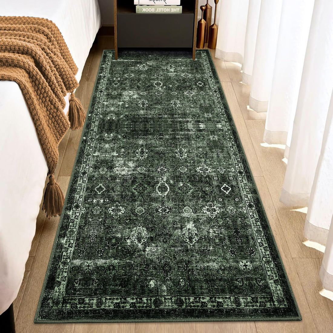 Tapis de couloir antidérapant à poils courts Garvee Boho pour cuisine, entrée, chambre, 80 x 150 cm, vert foncé vintage