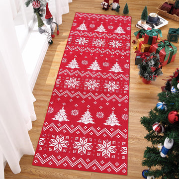 Garvee Kerst Sneeuwvlok Tapis d'intérieur lavable antidérapant Rouge Décor 60 x 180 cm Salon Couloir