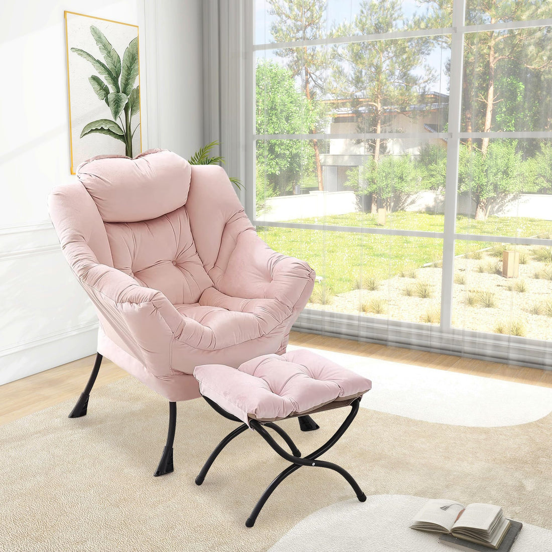 Fauteuil relax Garvee avec repose-pieds, rose, ergonomique et stable, pour salon et bureau, en peluche, pliable