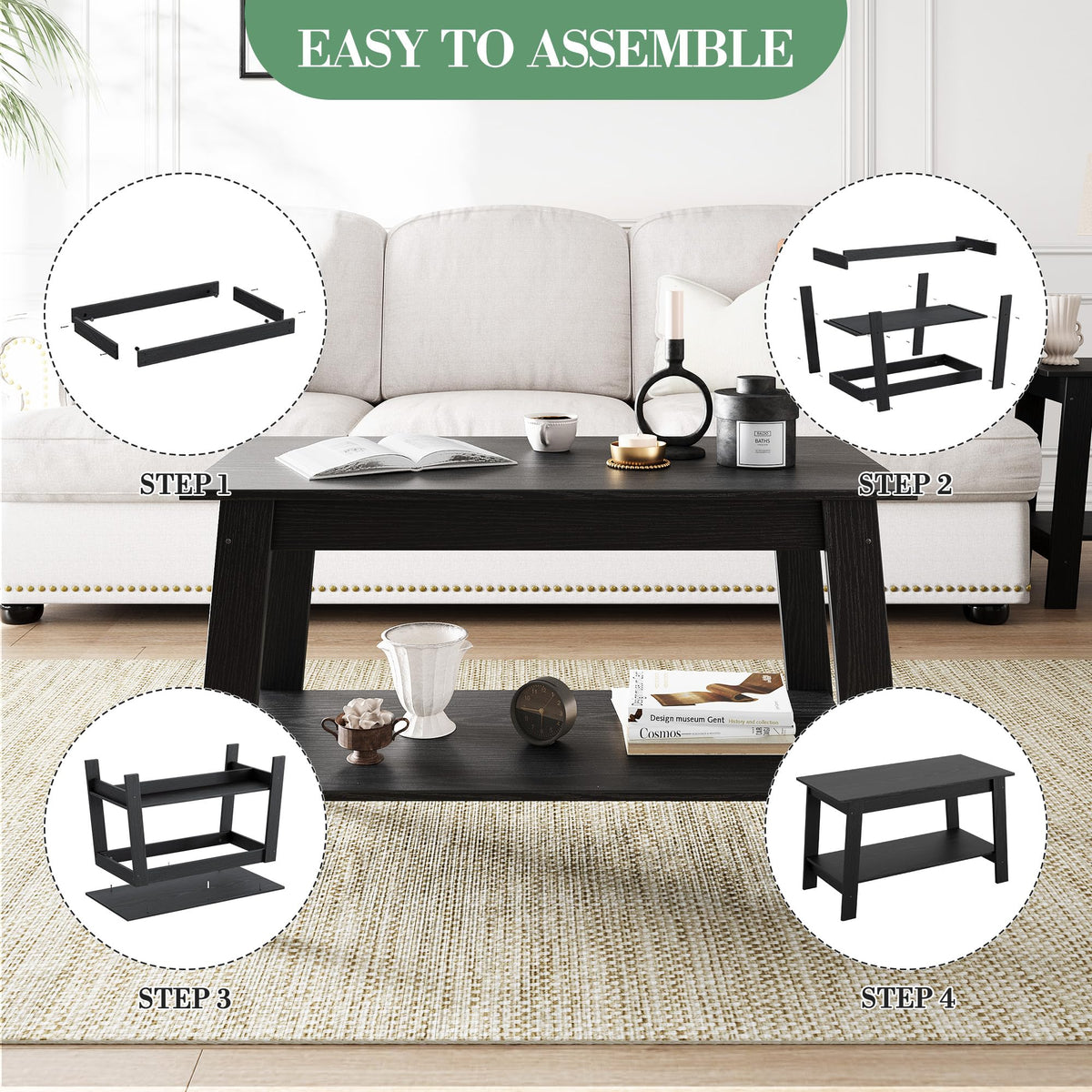 Garvee table basse rustique à double étagère, rectangulaire, en bois, finition noire, pour le salon et le bureau, 80 × 39 × 48 cm