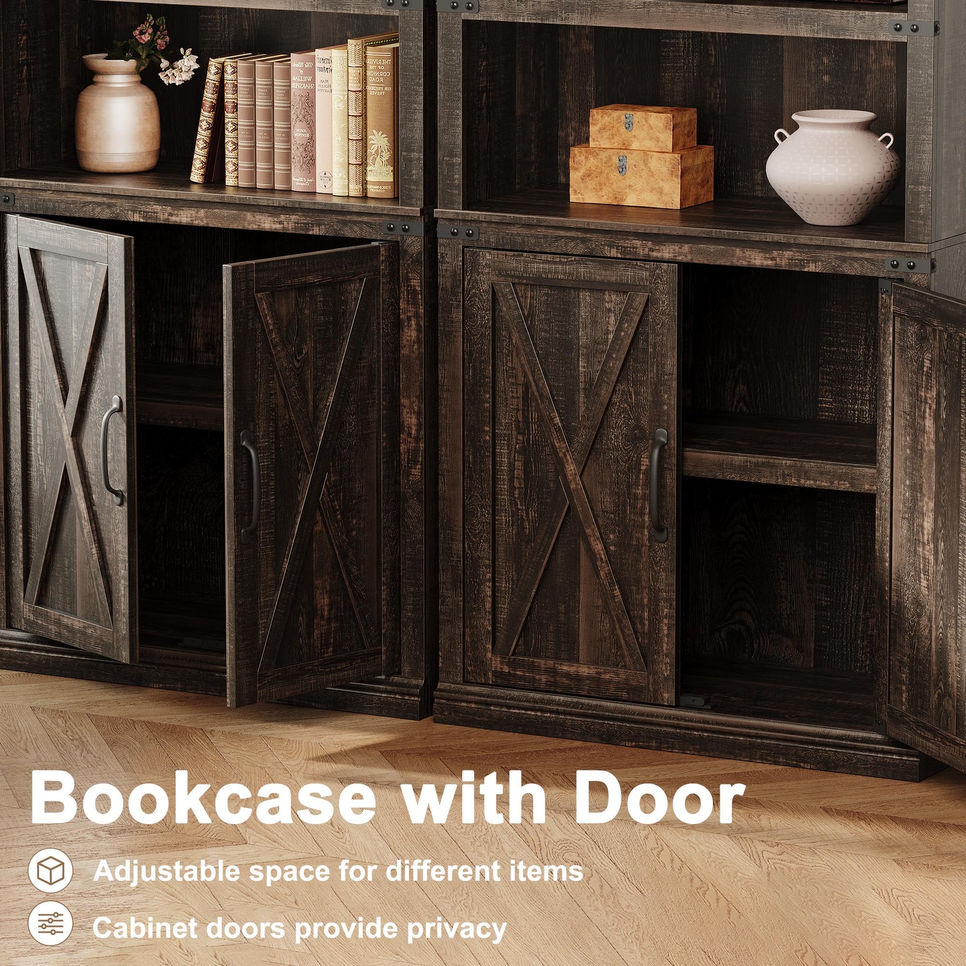 Bibliothèque de style ferme Garvee avec porte, 5 niveaux, 174,6 cm (68,7 pouces), construction robuste en MDF, salon, bureau, couleur bois naturel