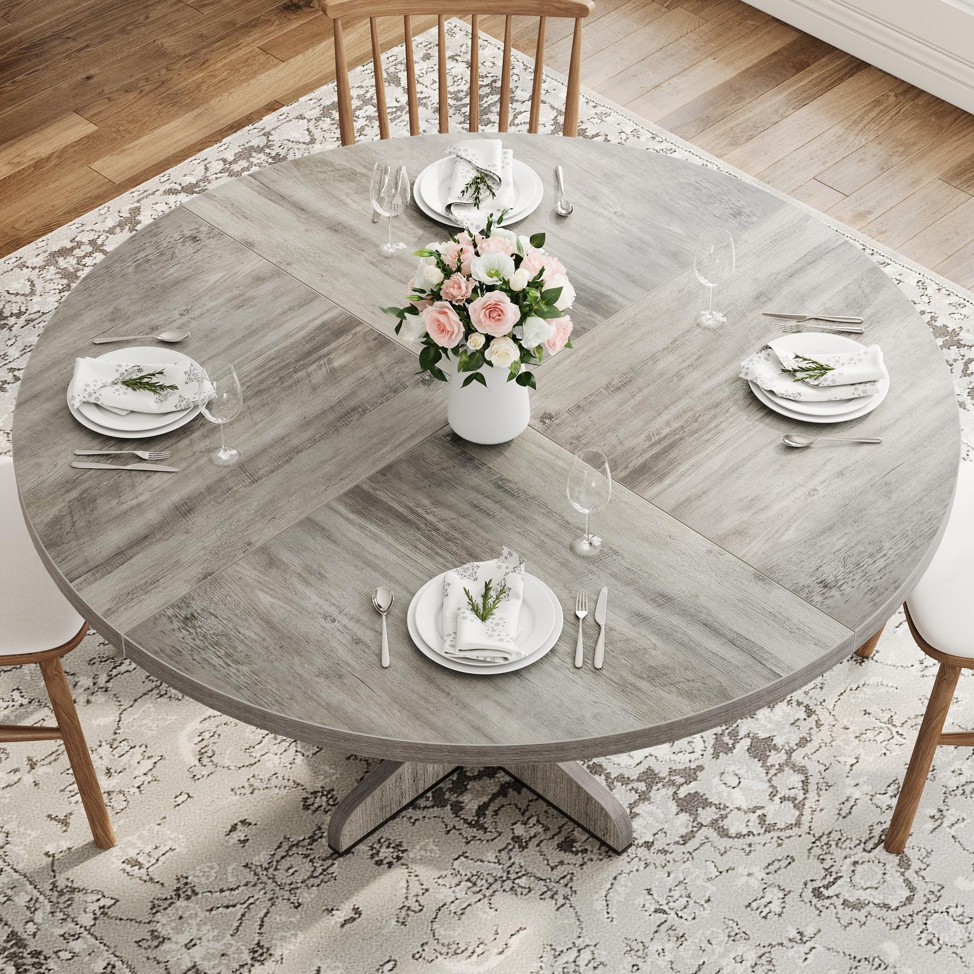 Garvee Table à manger ronde 120 cm pour 4 à 6 personnes, MDF robuste, base stable, pieds réglables, gris, pour cuisine et salon