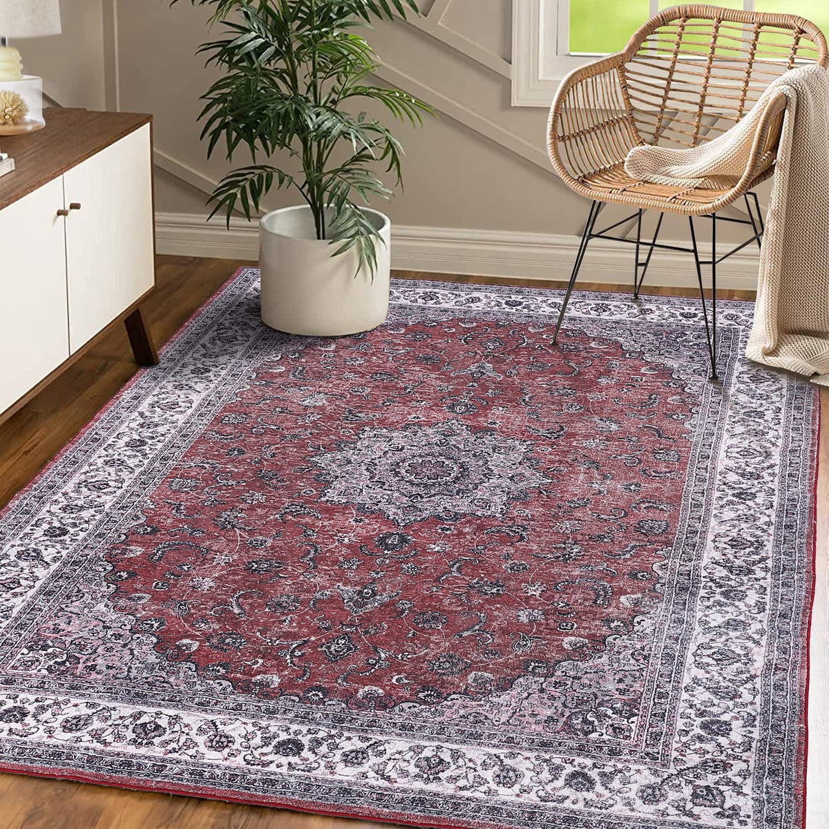 Garvee Machinewasbaar Tapijt Vlekbestendig Laagpolig Met Oosters Design Voor Binnen En Buiten 80 x 150 cm Rouge