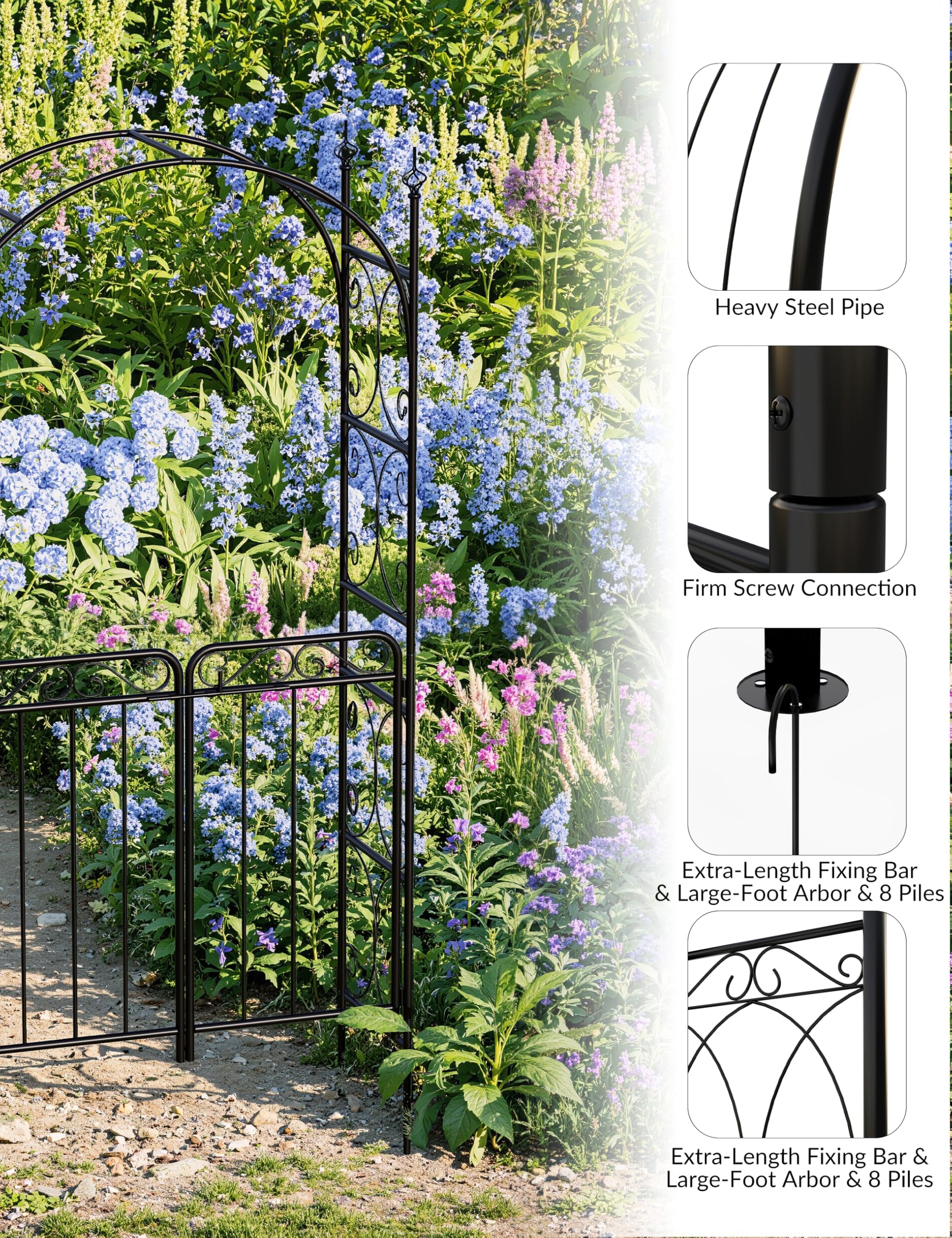Arche de jardin Garvee de 2,4 m avec portail, métal robuste, résistante aux intempéries, noire, pour mariages et jardins, structure en treillis