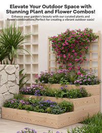 Jardinière surélevée à 3 niveaux Garvee en bois d'épicéa avec treillis pour balcon et jardin, modulaire, ouverte, en bois naturel
