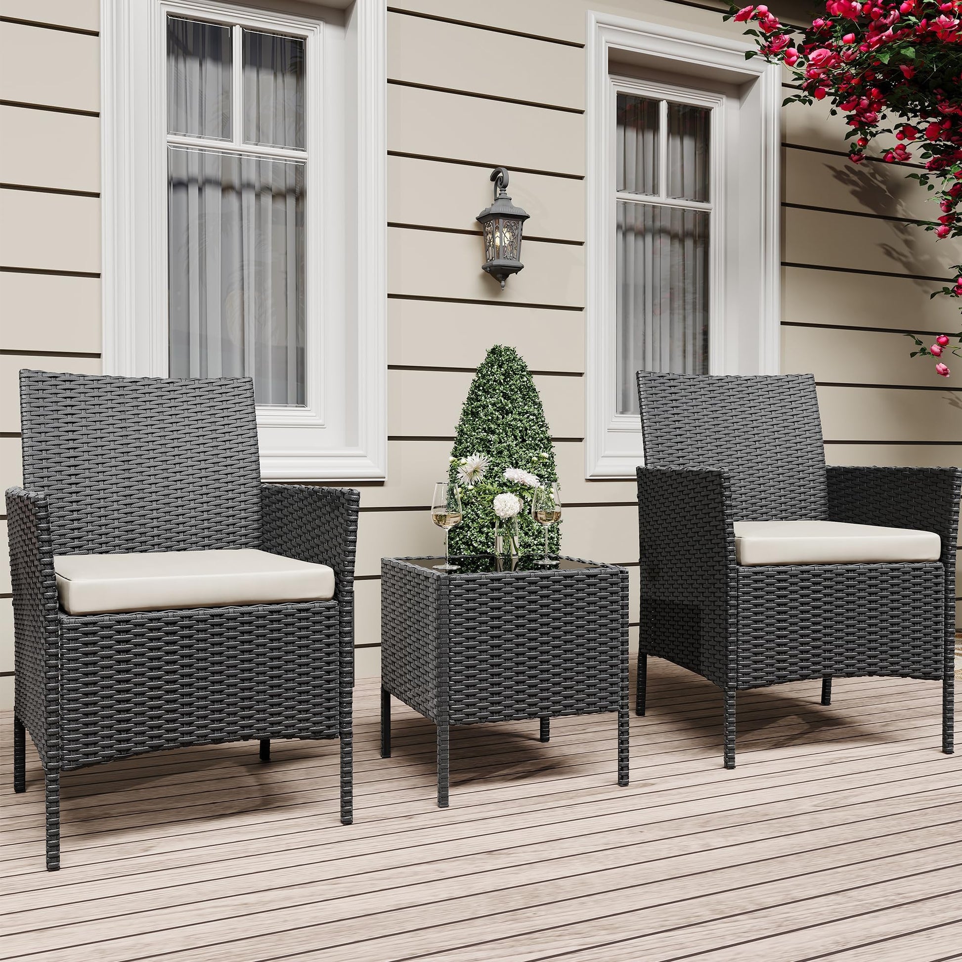 Garvee Ensemble de mobilier de jardin, 3 pièces, rotin PE, balcon/jardin, noir/beige, tous temps, ergonomique