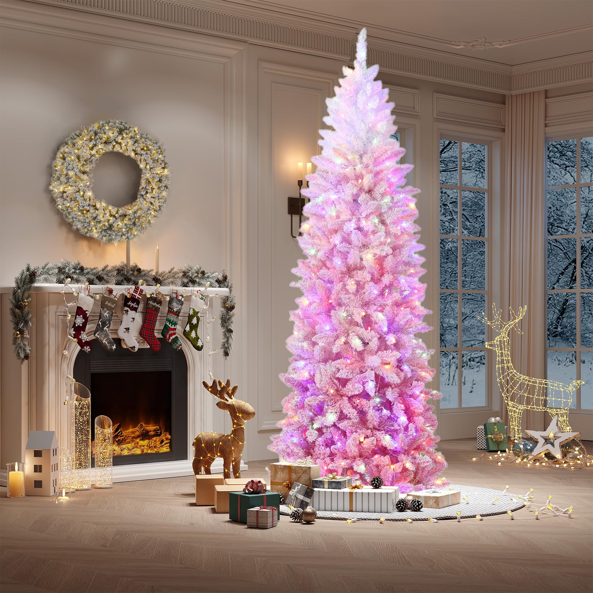 Sapin de Noël étroit Garvee de 140 cm avec 100 LED bicolores (blanc chaud et couleurs vives) pour la décoration du salon, de la maison, du bureau et des fêtes.