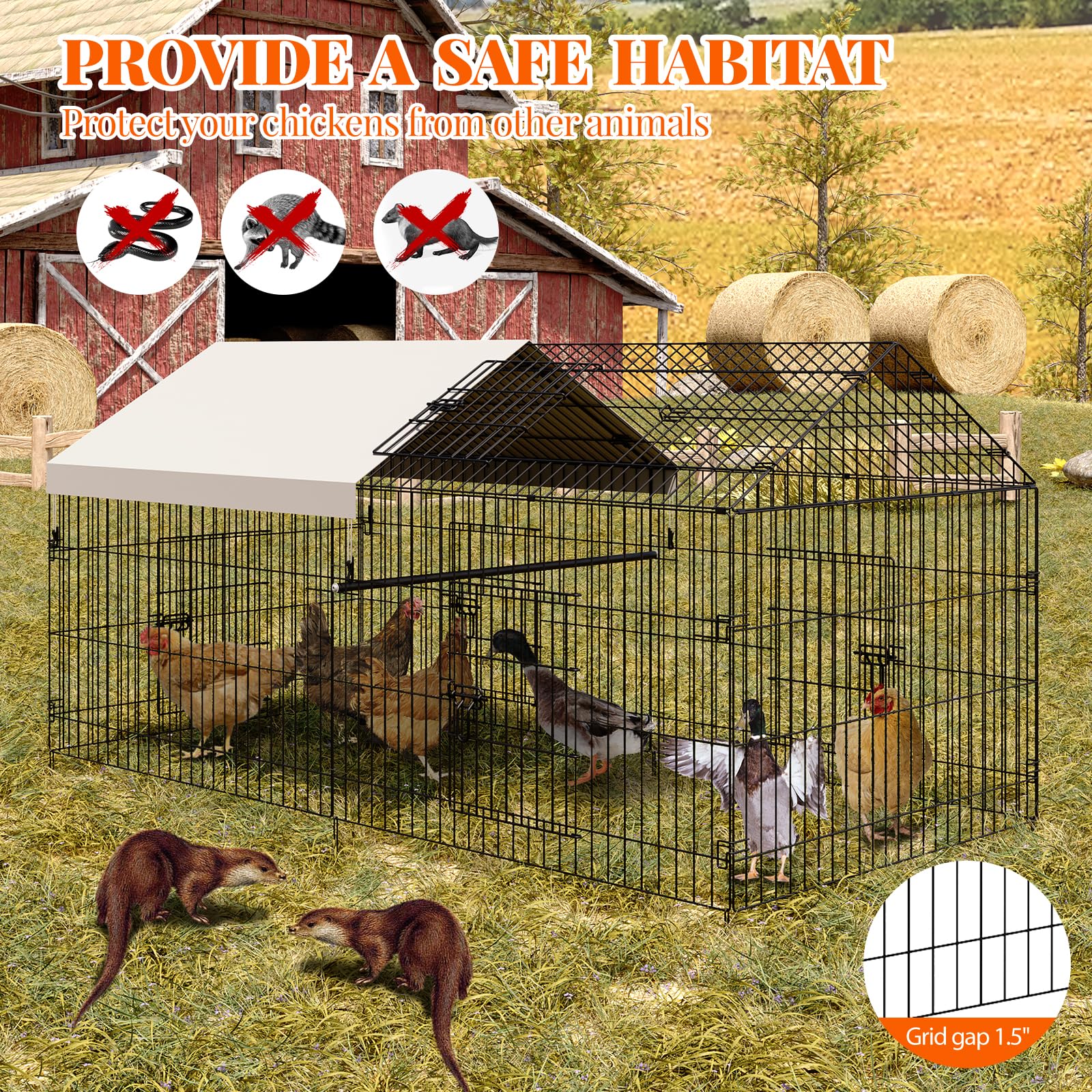 Poulailler Garvee 100x218x100cm – Acier galvanisé avec 2 compartiments et 4 portes pour poules et lapins