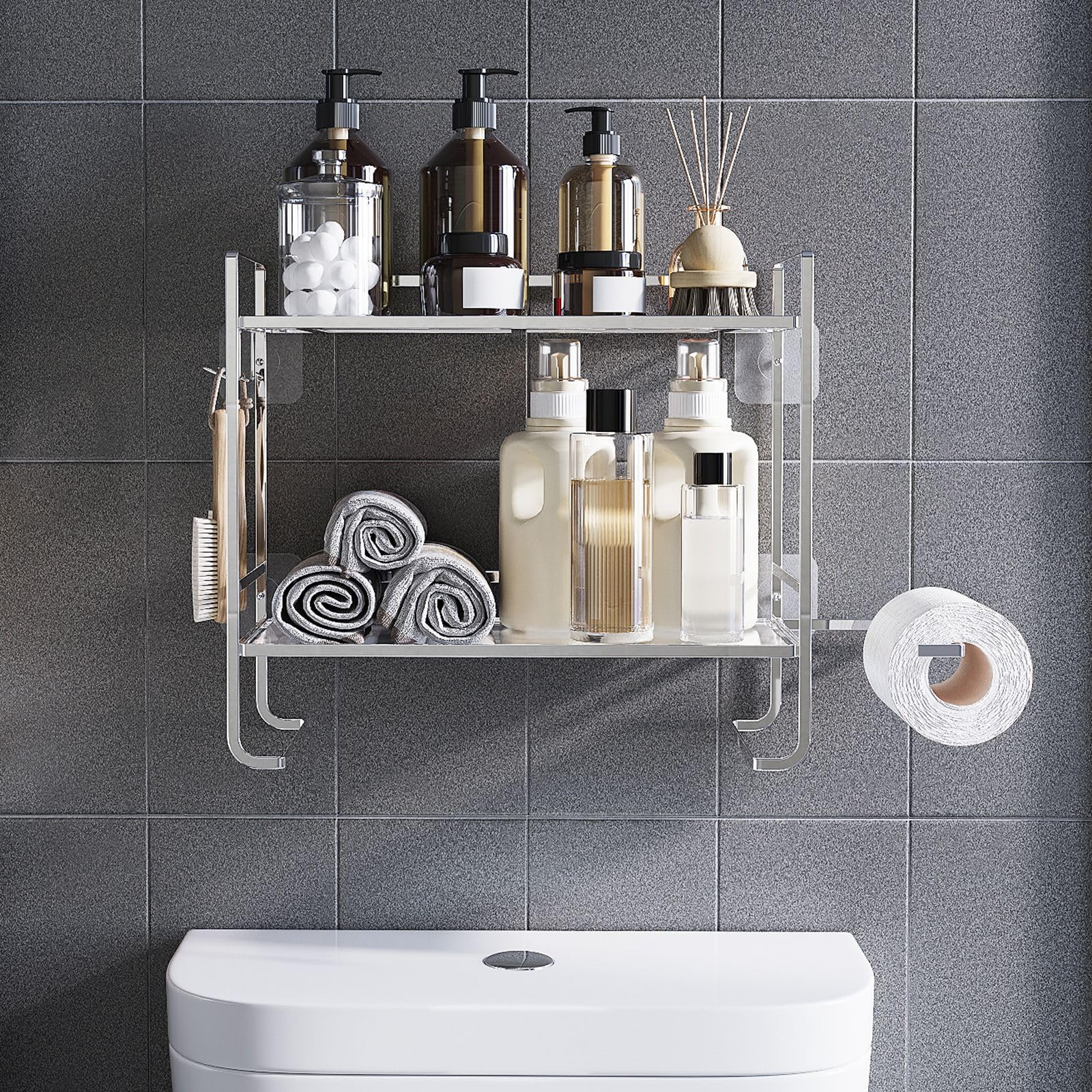 Étagère de salle de bain GARVEE, 2 niveaux avec porte-papier toilette et 2 crochets, argentée, 45 x 16 x 36 cm, gain de place et moderne