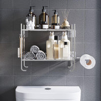 Étagère de salle de bain GARVEE, 2 niveaux avec porte-papier toilette et 2 crochets, argentée, 45 x 16 x 36 cm, gain de place et moderne