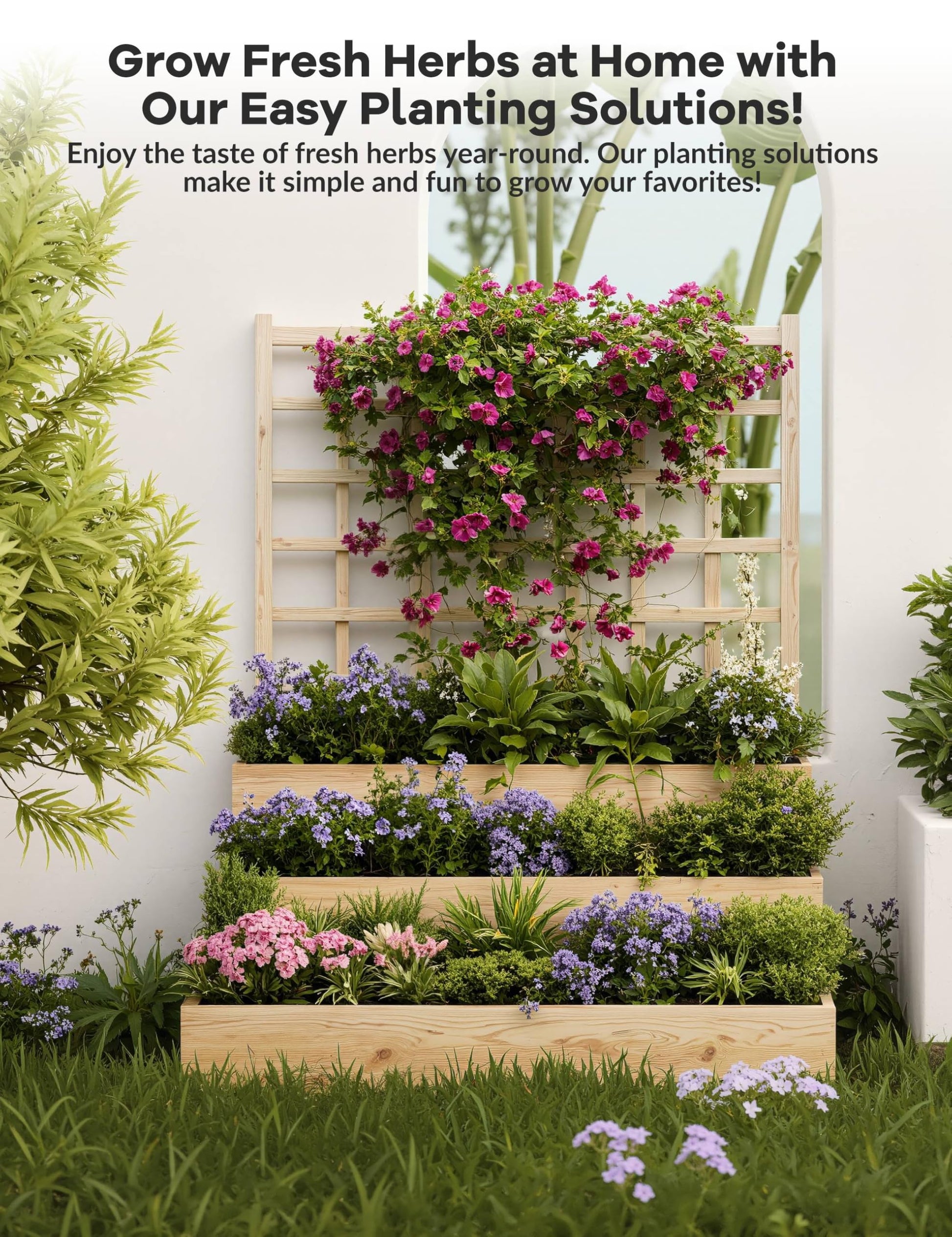 Jardinière surélevée à 3 niveaux Garvee en bois d'épicéa avec treillis pour balcon et jardin, modulaire, ouverte, en bois naturel