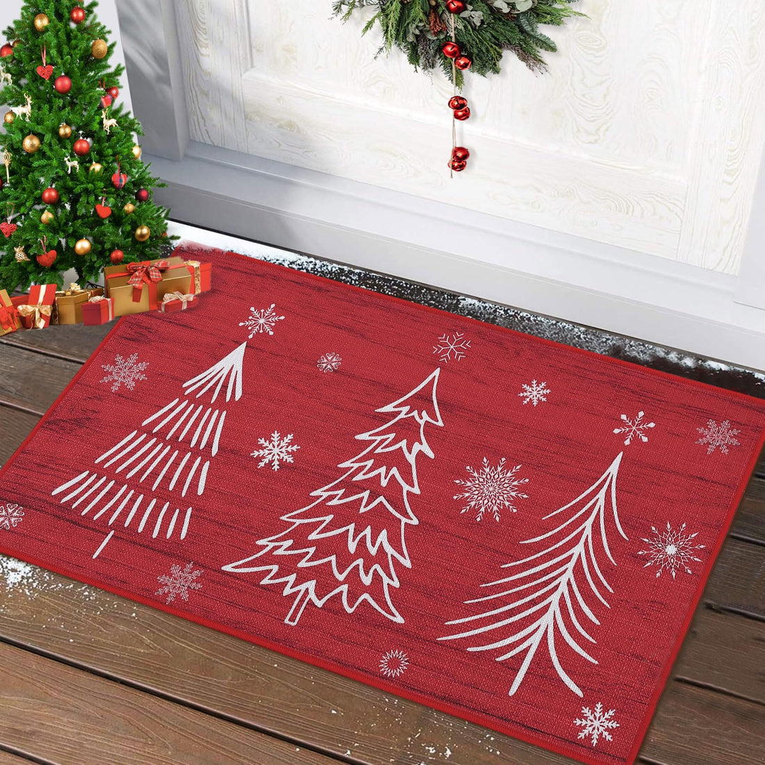 Tapis de porte décoratif Garvee 40x80cm, motif Noël, antidérapant, résistant, rouge, pour intérieur et extérieur, cuisine
