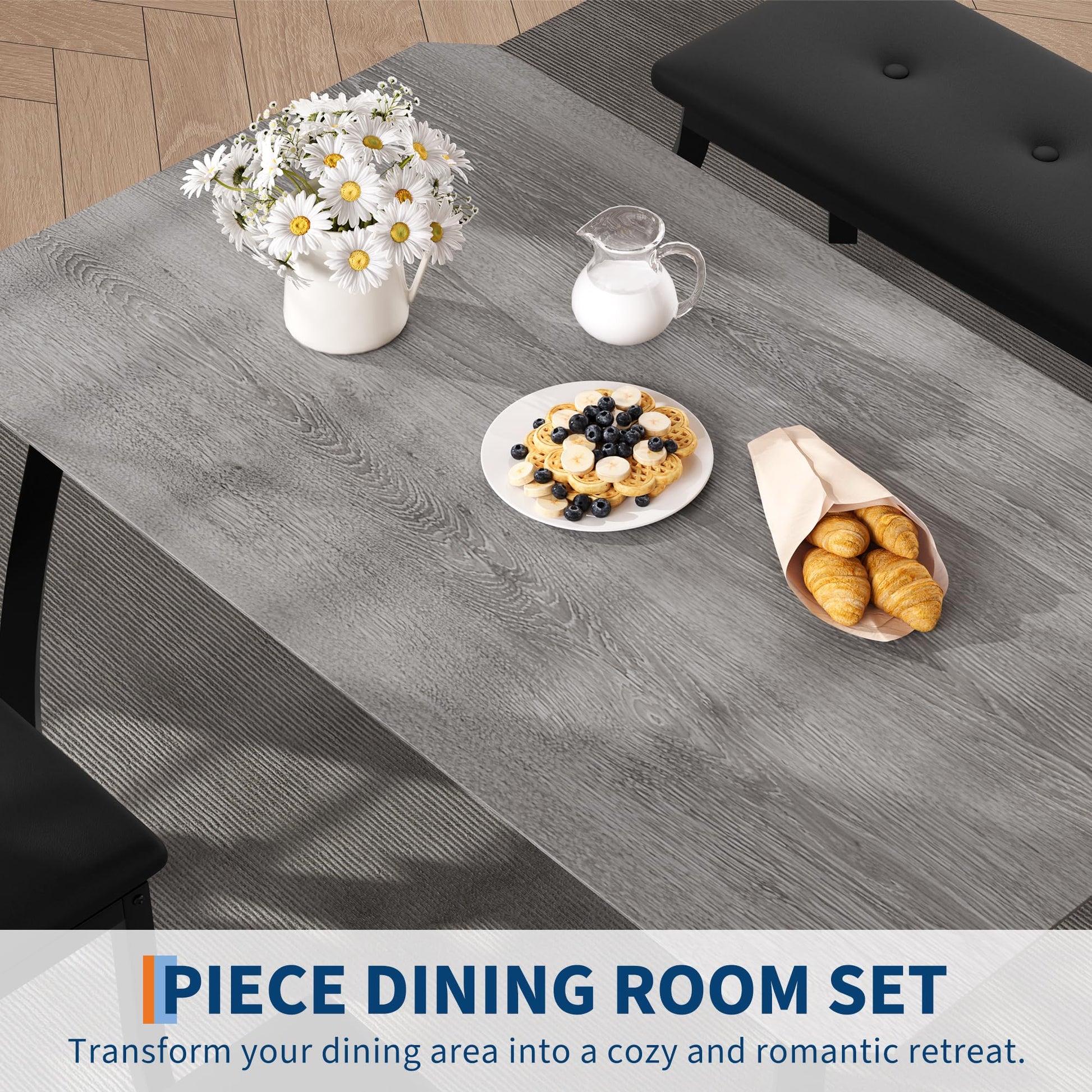 Ensemble de salle à manger Garvee pour 4 personnes, table robuste en bois avec pieds en métal, banc rembourré et 2 chaises, design moderne, gain de place, gris