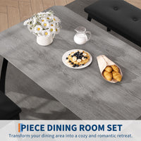 Ensemble de salle à manger Garvee pour 4 personnes, table robuste en bois avec pieds en métal, banc rembourré et 2 chaises, design moderne, gain de place, gris