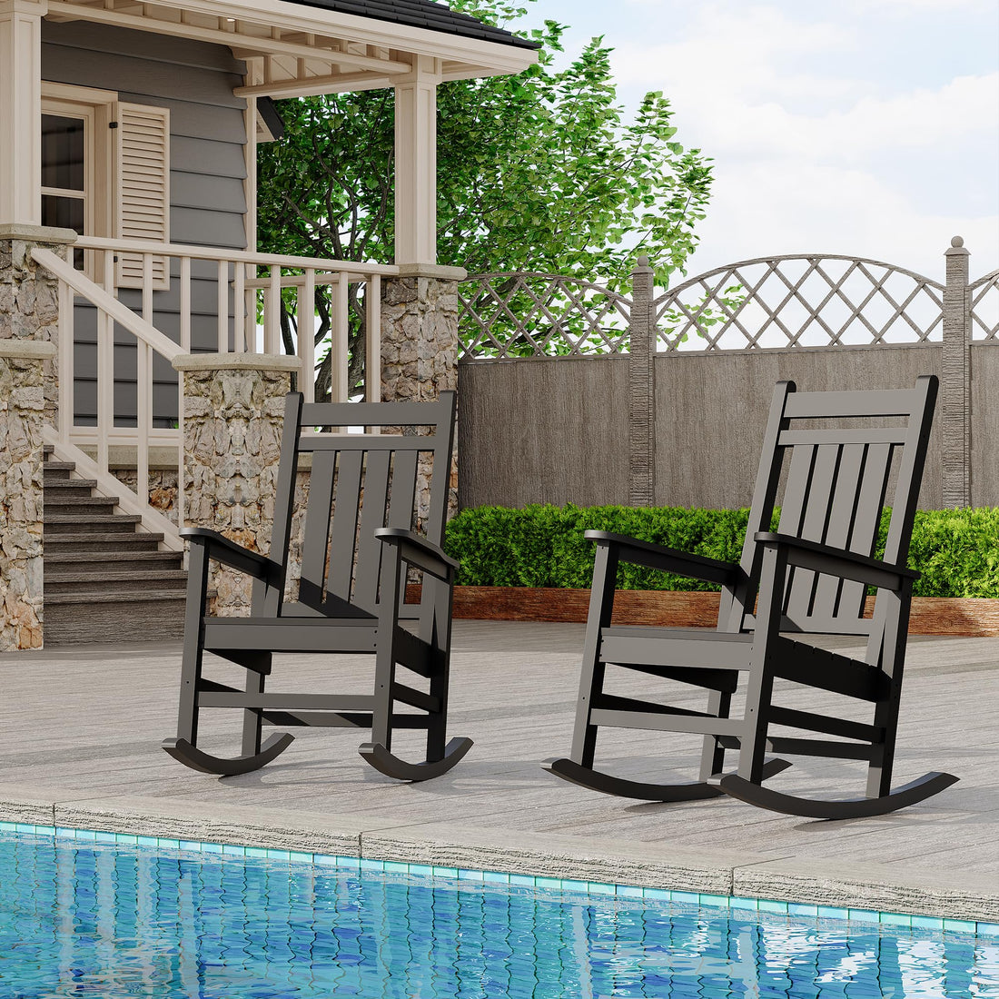 Garvee Fauteuil à bascule d’extérieur en HDPE noir, assise large avec accoudoirs spacieux, résistant aux intempéries, pour jardin et porche