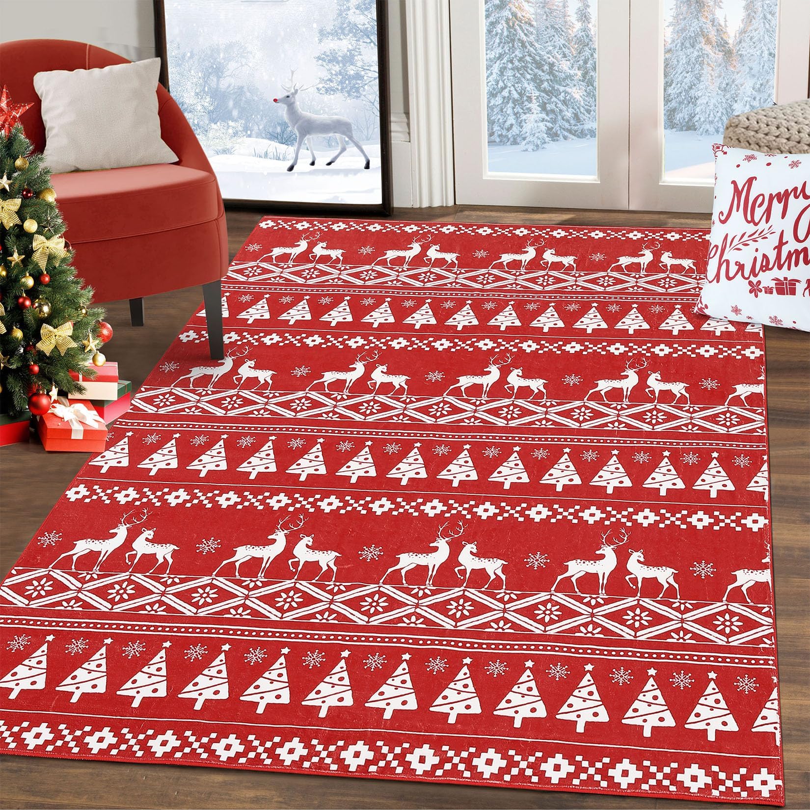 Tapis festif Garvee, motif bohème de Noël avec rennes, flocons de neige et sapin de Noël, pour salon, chambre, cuisine, salle de bain, rouge, ultra-fin, à poils courts