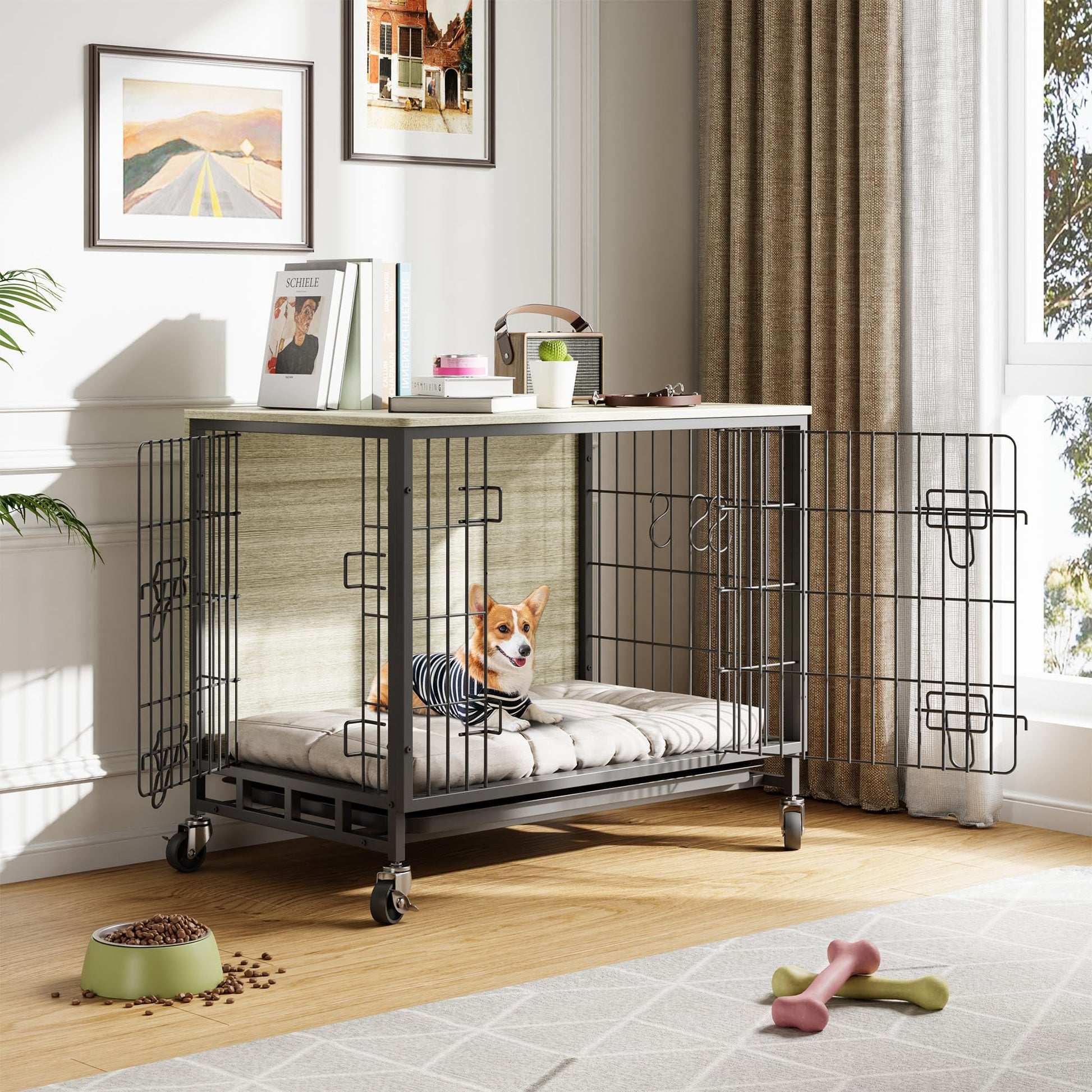 Cage pour chien Garvee 69 cm en bois avec roulettes et double porte, pour chiens de petite et moyenne taille, intérieur gris rustique