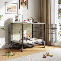 Cage pour chien Garvee 69 cm en bois avec roulettes et double porte, pour chiens de petite et moyenne taille, intérieur gris rustique