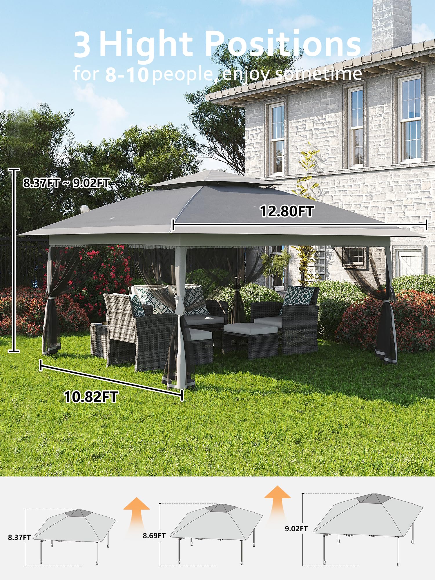Garvee Tonnelle pliante 396 × 396 cm avec moustiquaire et auvent rétractable One Touch, structure acier robuste, imperméable, protection UV, pour patio et jardin, gris