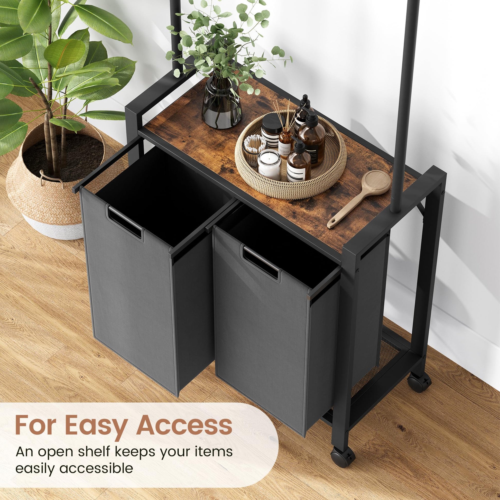 Panier à linge Garvee Trieur de linge à 2 compartiments avec barre de suspension et étagère en bois pour buanderie, 2 x 13 gal, noir