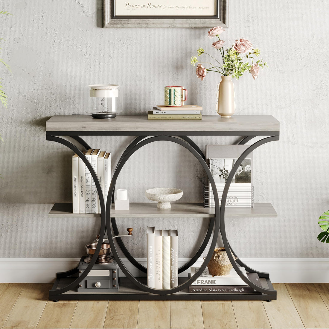 Console Garvee 99 cm (39 po), style industriel, rangement à 3 niveaux, structure en métal et bois, robuste et polyvalente, idéale pour l'entrée et le salon, 99 cm (39 po), marron