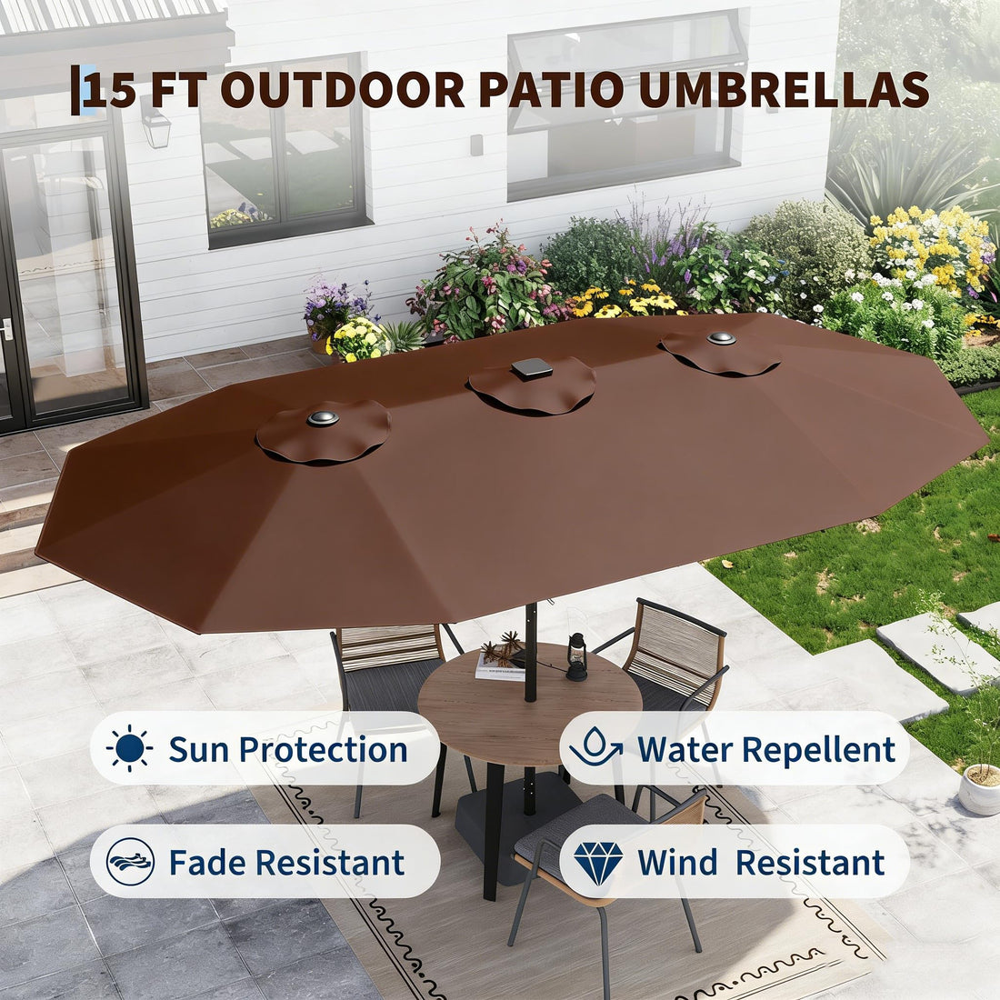 Garvee Parasol de Jardin 270 × 450 cm avec LED Solaire, Inclinable, Anti-UV et Imperméable