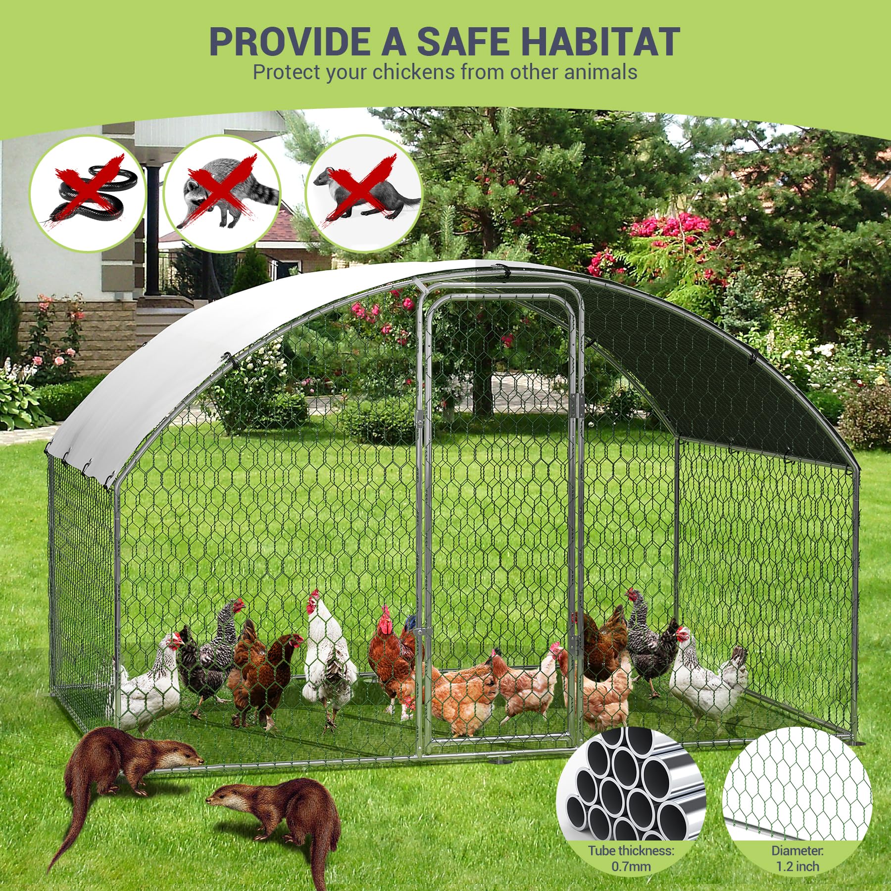 Poulailler métallique Garvee grand format avec toit en dôme, résistant aux intempéries et aux UV, structure en acier, porte verrouillable, idéal pour le jardin et la ferme, 3 x 2 x 2 m, gris